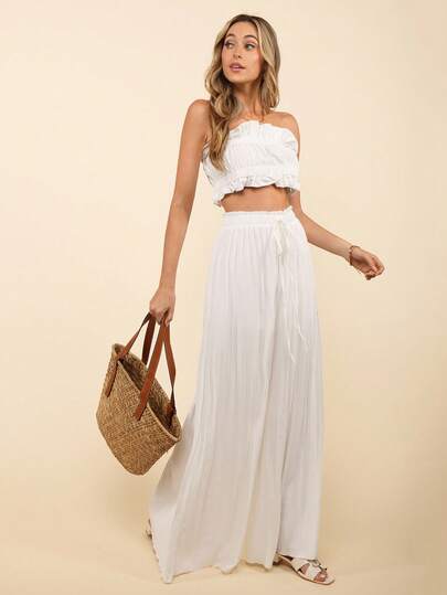 Coeurva 2pcs/Set Women Summer Romantic Vacation White Ruffle Bandeau Tube Top And Pleated Wide-Leg Pants, Suitable For Romantic Vacation, Wedding Women Summer Clothing Graduation Outfit Island Vacation Outfits Honeymoon Outfits Woman Wedding Guest Dress Women Birthday Outfit Women White Outfits For Women Vacation Two Pieces Set Airport Outfit For Women Fairycore