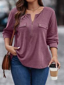 EMERY ROSE Plus Size Women's Solid Color Zip-Up Half Placket Long Sleeve Casual Loose T-Shirt - Purple - View 4