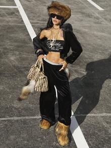 Coolane Women's Fall/Winter Streetwear Athleisure Basic Daily Wear Velvet Fur Collar Hooded Sweatshirt And Straight Pants Suit Set Two Pieces Outfits