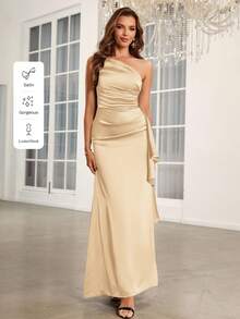SHEIN Belle Adult Bridesmaid Dress With Pleated Details, Ruffle Overlay, One Shoulder Strap - Khaki - View 7