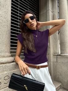 Firerie 优雅高领宽松休闲百搭秋冬无袖针织毛衣背心 - 紫色 - 查看 10