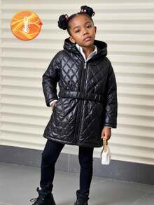 SHEIN Áo khoác dài có mũ trùm đầu đệm họa tiết hình thoi dành cho bé gái kèm thắt lưng, mùa đông - màu đen - Xem 3