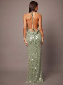 Silquee Đầm bodycon hở lưng đính sequin cổ khoét sâu dành cho nữ - Màu xanh Bạc hà - Xem 3