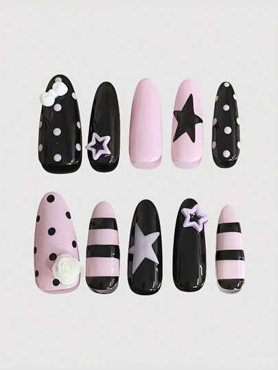 Kawaii Cute Lace Edged Romantic Heart Ballerina Style Bow White Wings Metal Music Note Pink Series Handmade False Nail Tips, Mass Produced Energetic Girl Wear, Suitable For Daily Outings And Dates