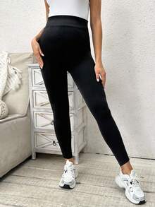 SHEIN Maternity Casual Solid Color High Waist Slim Fit Leggings - Black - View 4