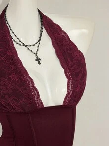 SHEIN ICON Women's Lace Patchwork Sheer V-Neck Backless Camisole Top Gothic Bathing Suit  Western Bathing Suit - Red - View 9