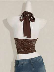 SHEIN ICON Camisola feminina de renda com decote em V e miçangas, minimalista básica para férias - Multicolorido - Ver 2