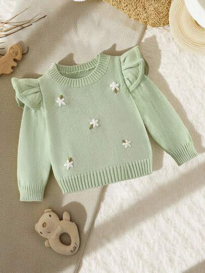 SHEIN Vintaside Kids Baby Girls' Knitted Long Sleeve Sweater, Versatile Green & Light Green, Elegant Embroidered Cap Sleeve Design, Suitable For Autumn/Winter, Everyday, School, Home, Outdoor, Travel Toddler Girl Sweater Sage Green Baby Sweater Baby Girl Sweater Baby Knit Sweater Baby Sweater With Flowers Fall