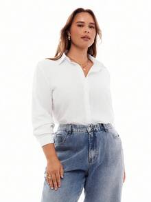 Solavibe 大码女式休闲长袖翻领纽扣衬衫，秋季时尚白衬衫 - 白色 - 查看 4