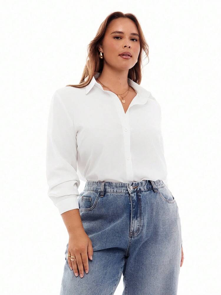 Solavibe Camisa de manga larga con cuello vuelto y botones para mujer de talla grande, elegante camisa blanca de otoño - Blanco - Añade 4