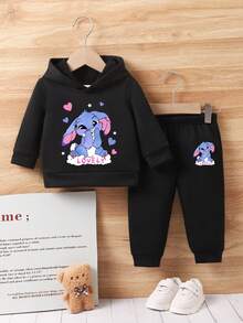 GraphicGems 2 件套女婴兔子卡通动物图案印花连帽卫衣和长裤套装，秋冬基本日常装 - 黑色 - 查看 3