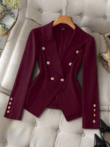EMERY ROSE Fashionable Commuter Solid Color Double-Breasted Suit Jacket - Burgundy - View 3