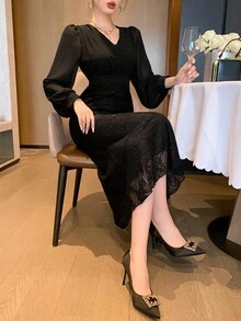 DAZY Women's V-Neck Lace Patchwork Waist Fishtail Hem Maxi Elegant Dress Prom Dress