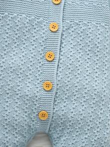 SHEIN Newborn Baby Autumn Contrast Color Lapel Long Sleeve Single-Breasted Knitted Jumpsuit Boy Light Blue Sweater Romper Fall Knit Outfit Kawaii - Baby Blue - View 4
