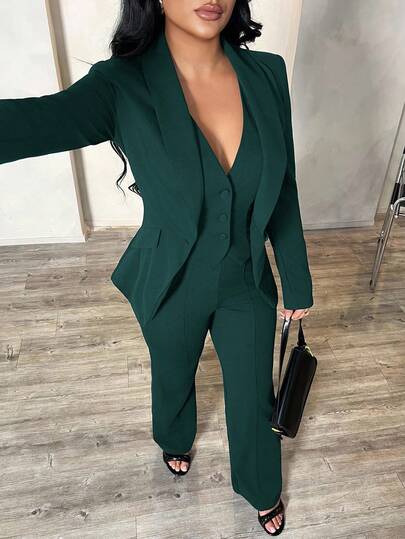 SHEIN SXY 3 件套：性感蓝绿色长袖西装外套、背心和裤子，适合通勤和约会，秋冬