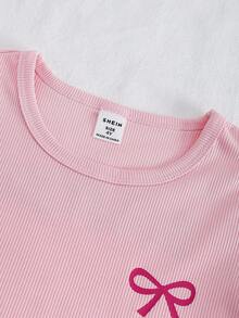 Genkimix Kids 女童蝴蝶结字母印花粉色长袖上衣和蝴蝶条纹印花裤两件套睡衣套装 - 粉色 - 查看 5