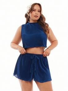 SHEIN EZwear Setelan 2 potong Atasan Tank Top dan Celana Pendek Warna Polos Kasual Musim Panas Ukuran Besar - Biru - View 3