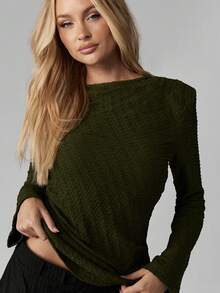 MISSGUIDED Top de manga larga con textura y fruncido lateral, de tela acanalada elegante, cuello redondo, para uso profesional de oficina, ideal para capas en invierno y otoño, prenda básica esencial - Verde Oscuro - Ver 5