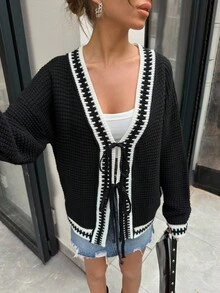 EURMUSE Plus Women Contrast Hem Detailed Front Tie Chunky Cardigan - Black - View 7