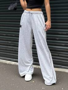 INAWLY Quần nỉ ống rộng in họa tiết ngôi sao năm cánh thoải mái cho nữ, có dây rút ở eo, túi - Xám - Xem 4