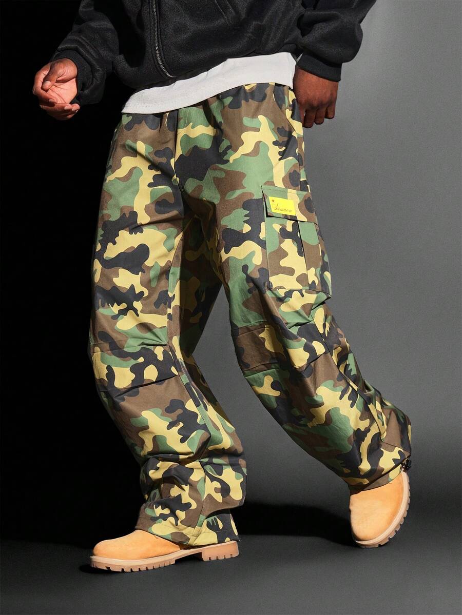 SUMWON Relaxed Fit Camouflage Cargo Pants Military Style Streetwear Loose Nylon Trousers With Side Pockets Fall Winter Collection - Multicolor - View 1