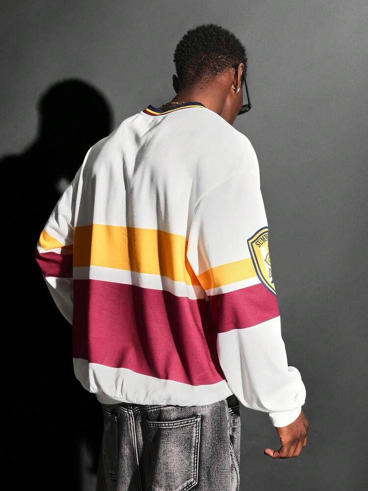 Collegiate Varsity Sweatshirt With Number 86 Print And Striped Accents