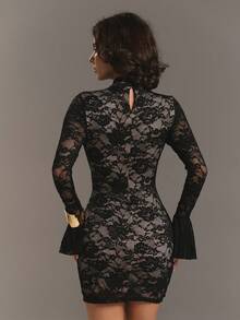 Aloruh Women's Elegant Sexy Solid Color Lace Hollow Out Flare Sleeve Fitted Mini Dress