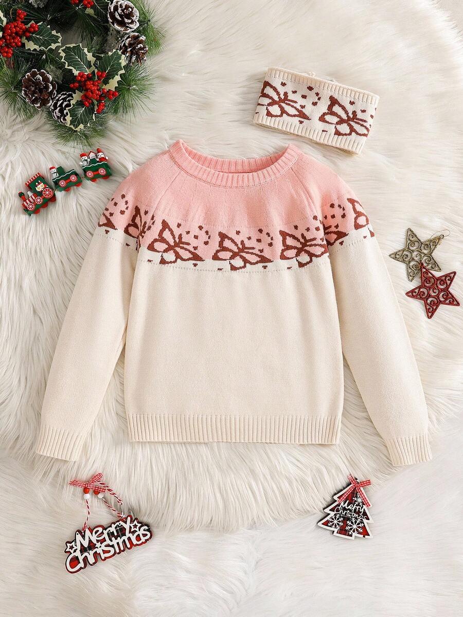 Tween Girl Contrast Raglan Sleeve Round Neck Butterfly Jacquard Casual Knit Pullover Sweater Fall Winter - Multicolor - View 1