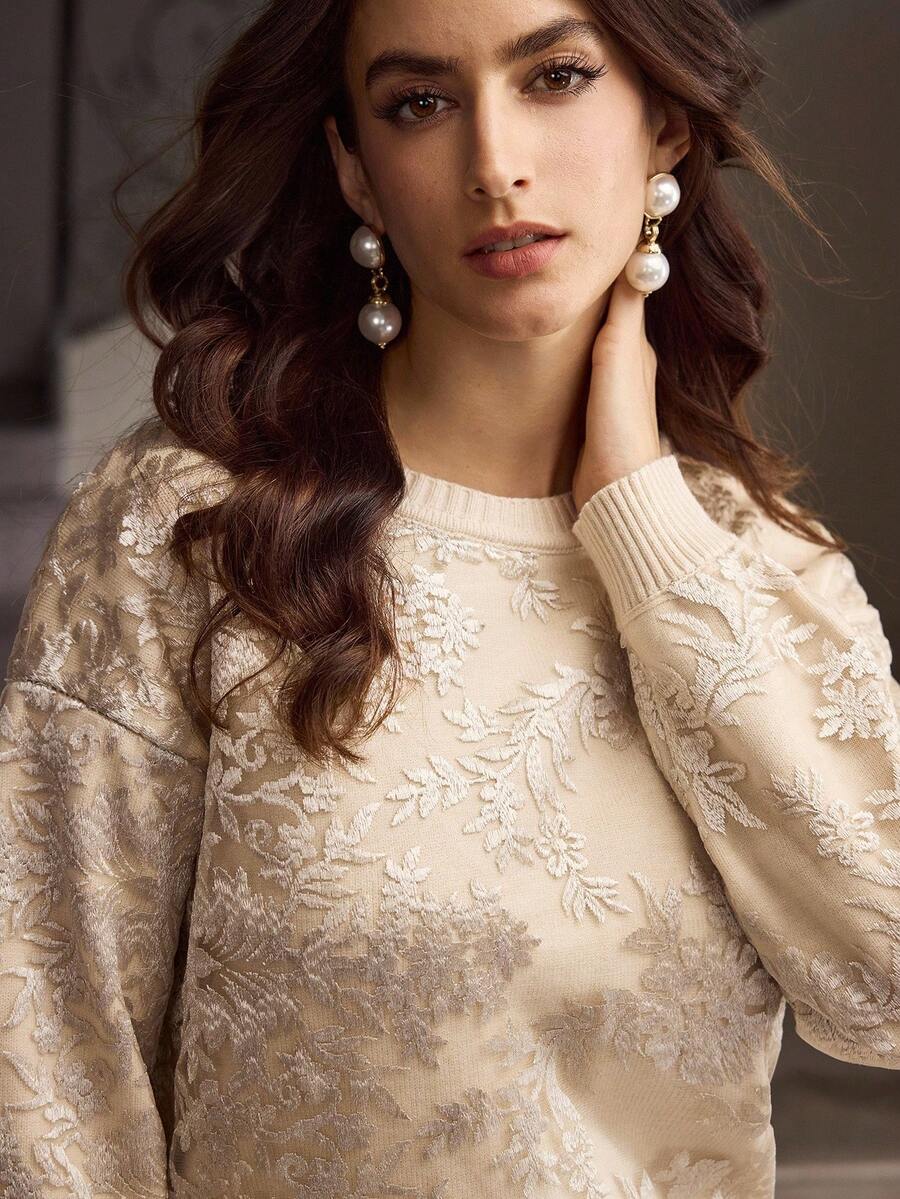 ZEYLAH 花卉图案优雅针织毛衣 - 卡其色 - 查看 1