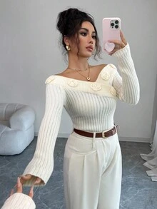 Franclia 杏色女士秋冬休闲3D立体玫瑰装饰罗纹弹力修身针织上衣打底衫法式优雅大V领露肩长袖毛衣返校季日常穿着毛衣秋季女装秋季女装秋季女装秋季女装秋季外出冬季女装优雅时尚休闲通勤商务办公日常休闲百搭气质都市教师职业装 - 米色 - 查看 6