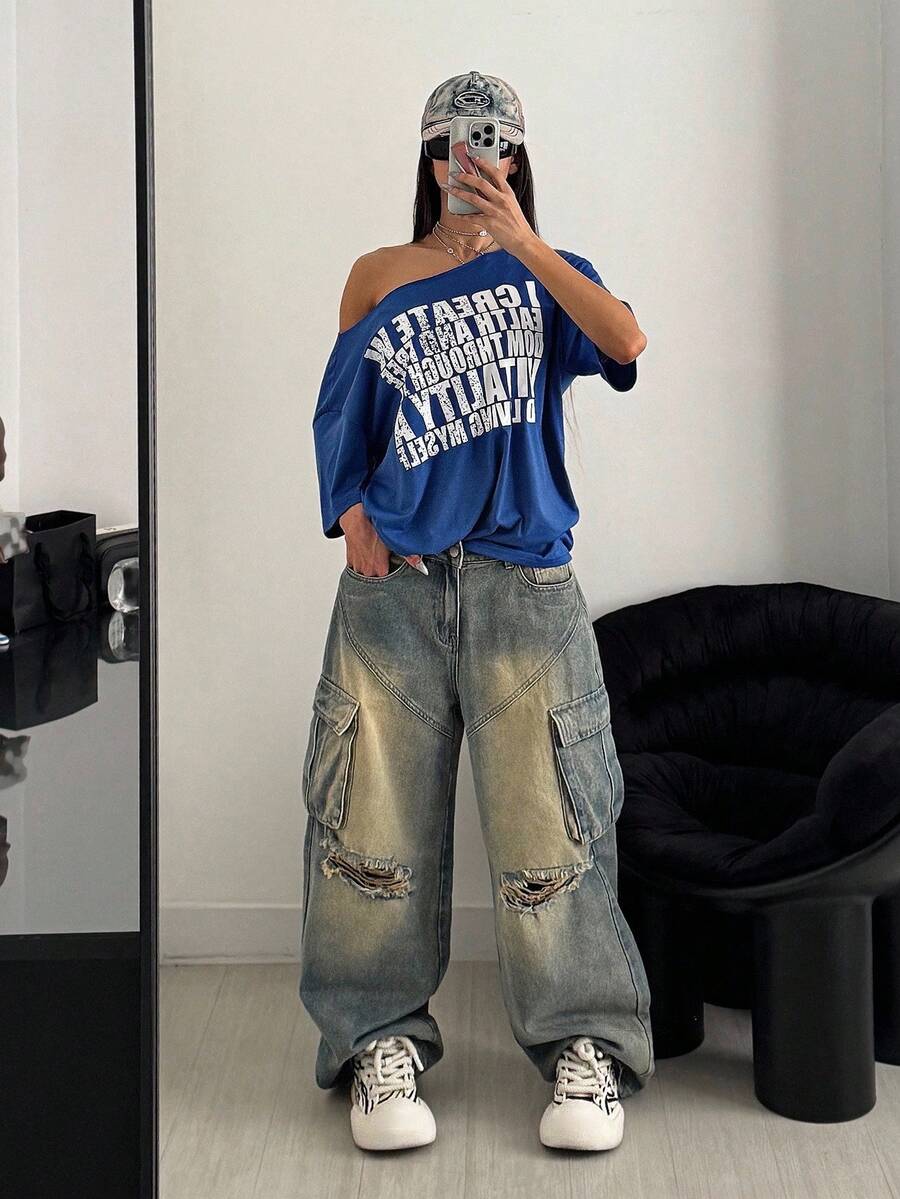 StreetHx Áo thun tay ngắn in chữ cổ điển cỡ lớn dành cho nữ, màu xanh lam - Màu xanh lam - Xem 1