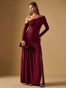 Briarwyn Abito lungo da donna con spalla asimmetrica, maniche lunghe, arricciature e spacco sexy, in colore unito