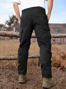 Manfinity Nomadique 男士黑色宽松直筒战术裤，户外，秋季 - 黑色 - 查看 2