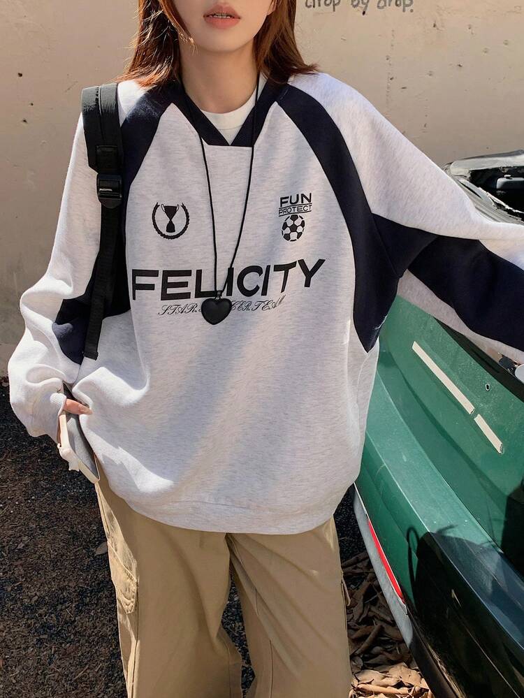 Women's V-Neck Contrast Color Patchwork Loose Letter Print Streetwear Casual Pullover Sweatshirt, Autumn/Winter