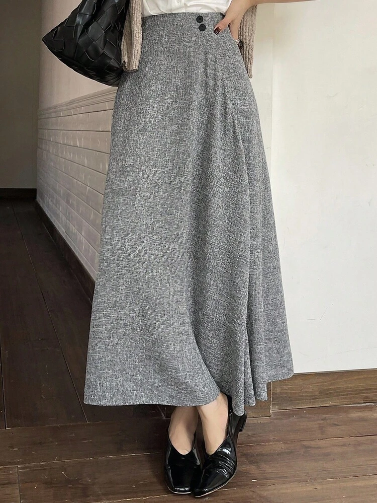 Women's Autumn/Winter Side Button Decor Pleated A-Line Long Skirt, Casual & Elegant Skirt