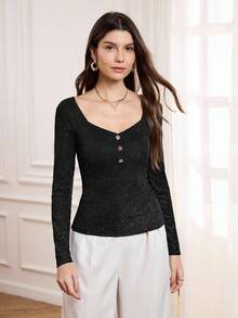 Miaspire Elegant Fitted Women's Top, Autumn/Winter Metallic Accent Elegant T-Shirt, Silky Fabric Versatile Black Knit Sweater, Elegant Base Layer - Black - View 3