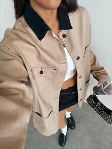 Jeanoix Women's Barn Style Multi-Pocket Denim Jacket - Khaki - View 5