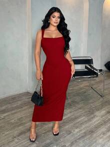 SHEIN SXY Women's Khaki Elegant Minimalist Square Neck Sleeveless Fitted Maxi Dress, Professional/Office/Commute/Formal Wear Bodycon Midi Dress Bandage Dress For Women Bodycon Summer Dress,Dresses For Women Party,Christmas