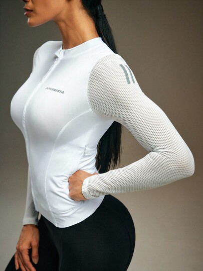 Powerista Chaqueta de ciclismo blanca para mujer con estampado de letras, manga larga, cremallera frontal, jersey de ciclismo de otoño/invierno para mujer