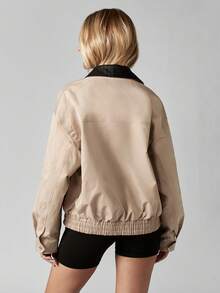 MISSGUIDED Áo khoác bomber cổ bẻ phong cách cổ điển, nhẹ, ngắn, có khóa kéo, trang phục thường ngày, cổ điển, thời trang mùa thu đông - Màu Khaki - Xem 2