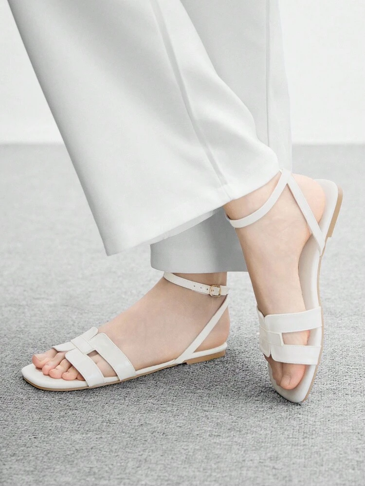 CUCCOO BIZCHIC Women's 1cm Heel White PU Slip-On Flat Sandals, Fashionable & Comfortable