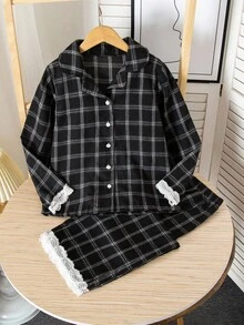 2 件大女孩复古黑白格子蕾丝边开衫上衣和宽松裤子休闲家居服套装，秋冬 - 彩色 - 查看 1