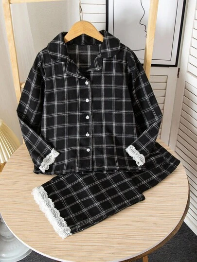 2 件大女孩复古黑白格子蕾丝边开衫上衣和宽松裤子休闲家居服套装，秋冬