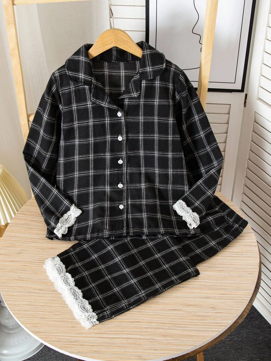 2 件大女孩复古黑白格子蕾丝边开衫上衣和宽松裤子休闲家居服套装,秋冬 - 彩色 - 查看 1