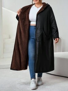 SHEIN CURVE+ Plus Size Front Zipper Long Sleeved Pocket Minimalist Black  Fabric Hooded Jacket, Casual Daily Autumn And Winter Wear, Autumn And Winter Long Jacket - Black - View 9