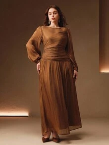 Anewsta Váy dài màu xanh ô liu bóng cỡ lớn dành cho nữ, cổ tròn có nhún eo, tay bồng, thanh lịch và đa năng cho mùa thu, tiệc tùng, giáng sinh, năm mới, đám cưới - Cà phê nâu - Xem 4