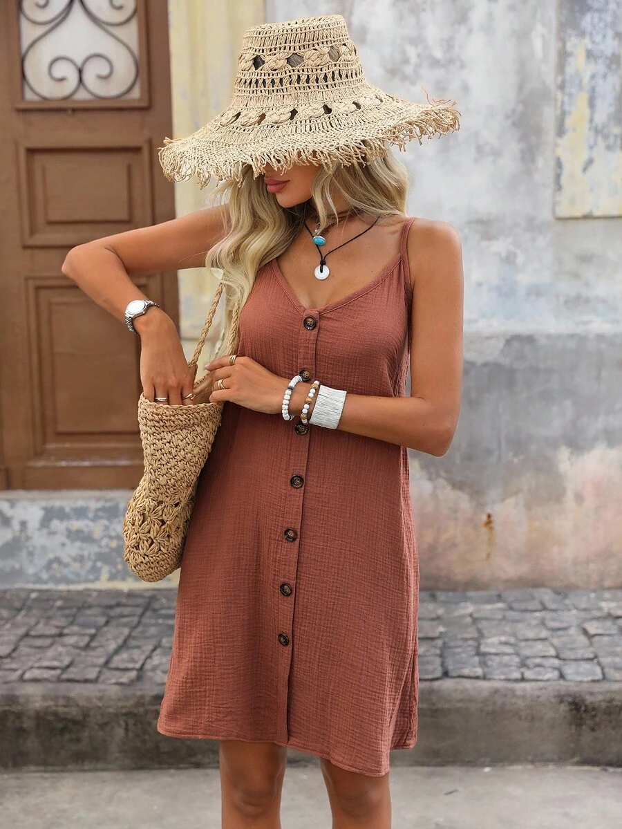 Brillora Button Front Cami Dress - Dusty Pink - View 1