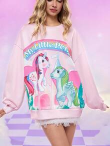 My Little Pony X SHEIN Women's Cute Pony Print Round Neck Drop Shoulder Sweatshirt, Autumn Aesthetic Tops Kawaii Aesthetic Pink Sweatshirt Romwe Kawaii