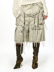 SUMWON WOMEN 棉质破洞牛仔工装裤，系带细节，军装作战宽腿宽松百慕大短裤，节日夏秋季 - 灰色 - 查看 4