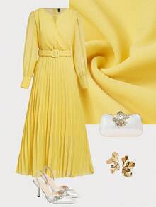 Ellevyn Women's Elegant Cream Yellow Pleated Hem Dress - Yellow - View 1